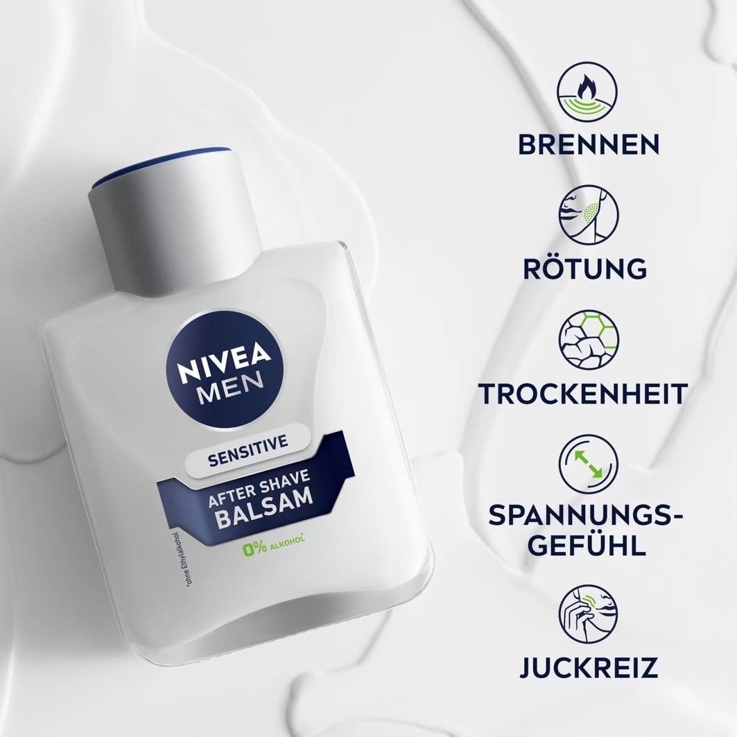 NIVEA MEN Sensitive After Shave Balsam (100 ml), beruhigendes After Shave, feuchtigkeitsspendende Hautpflege nach der Rasur mit Kamille und Vitamin E